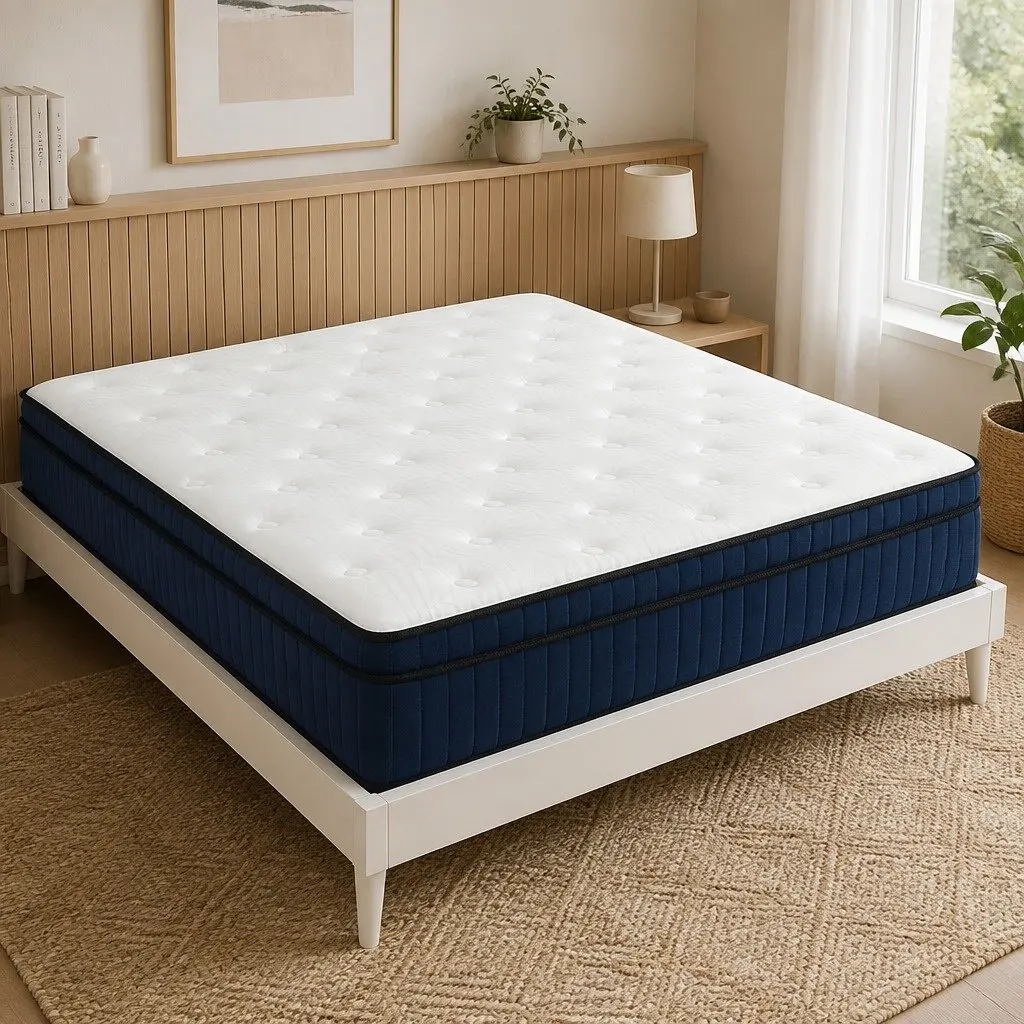 Queen Size Mattress 7 Zone Pocket Spring Medium Firm Hybrid Foam Support 34cm White Blue