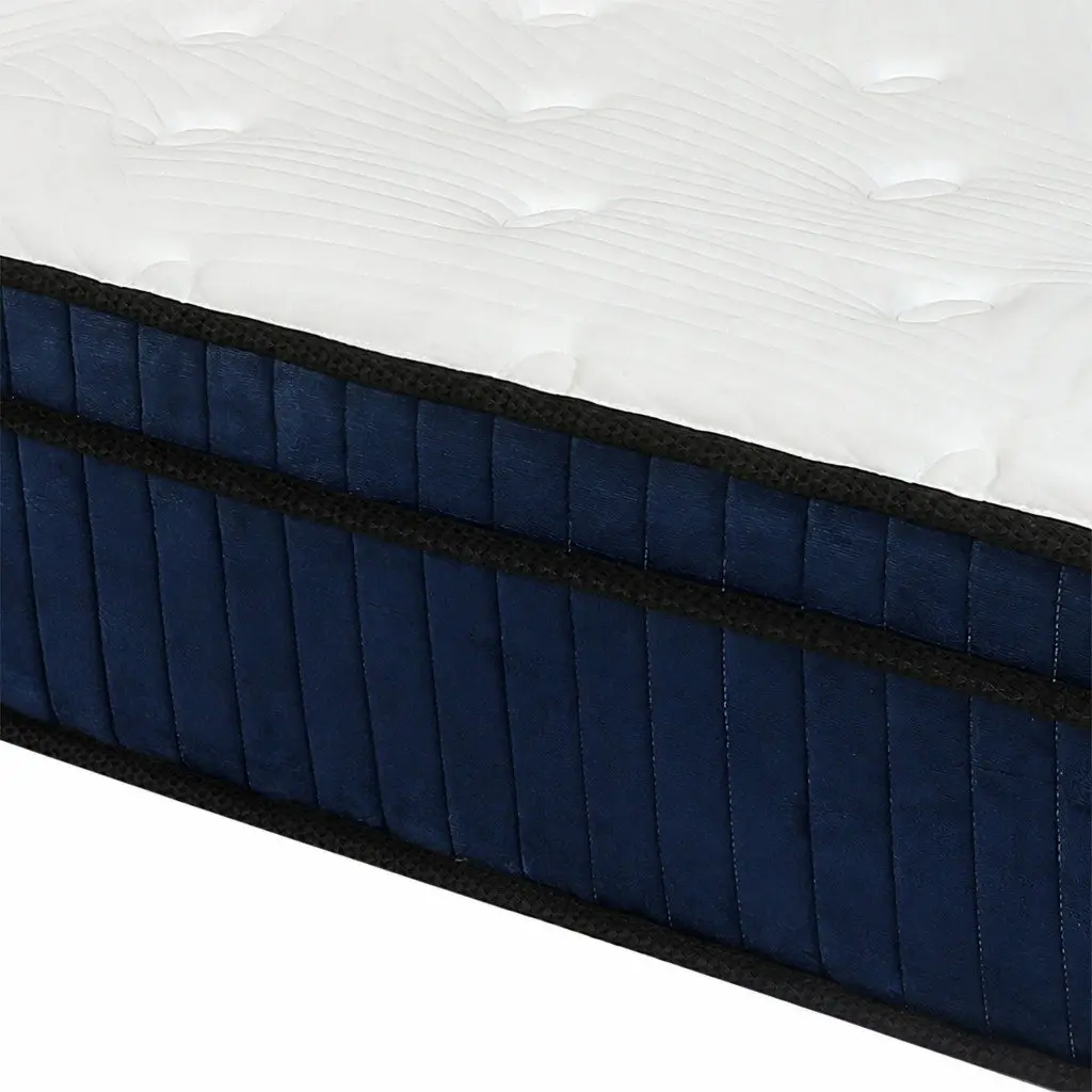 Queen Size Mattress 7 Zone Pocket Spring Medium Firm Hybrid Foam Support 34cm White Blue