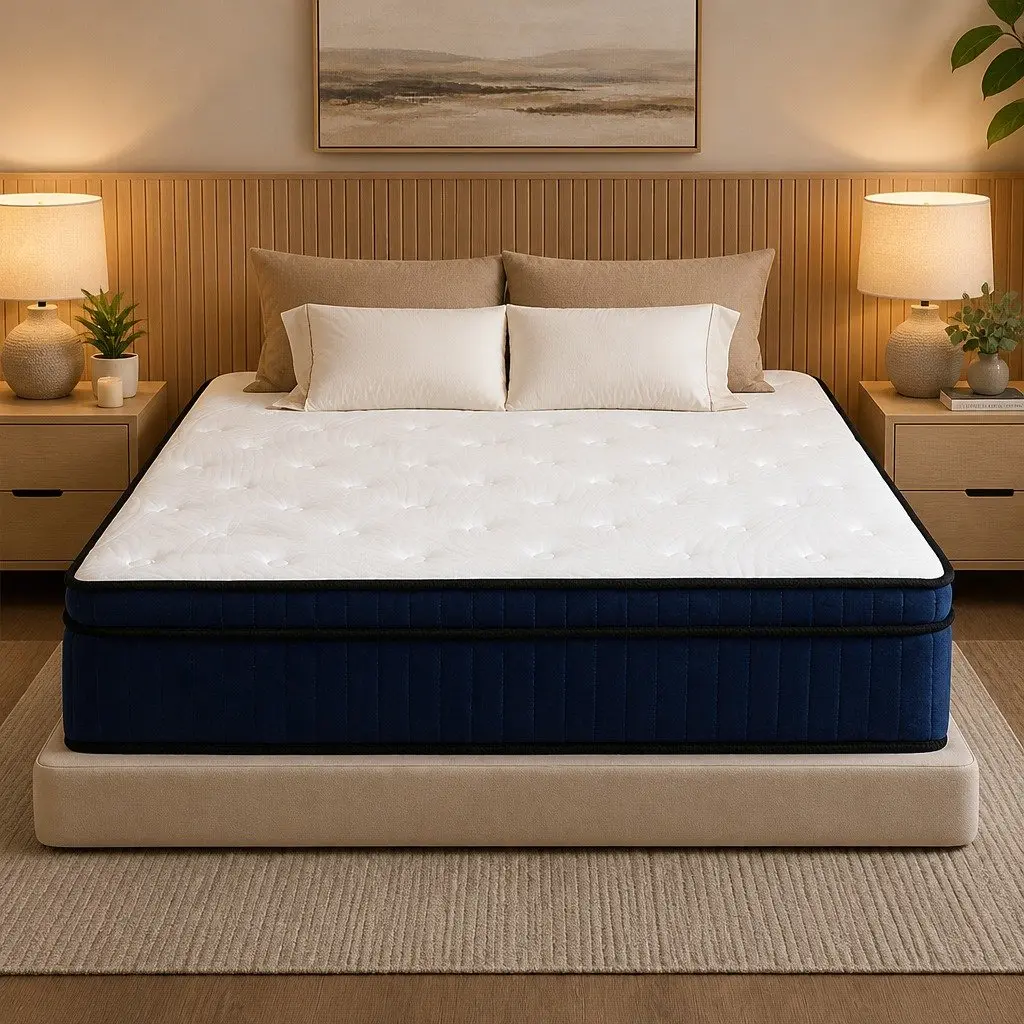Queen Size Mattress 7 Zone Pocket Spring Medium Firm Hybrid Foam Support 34cm White Blue