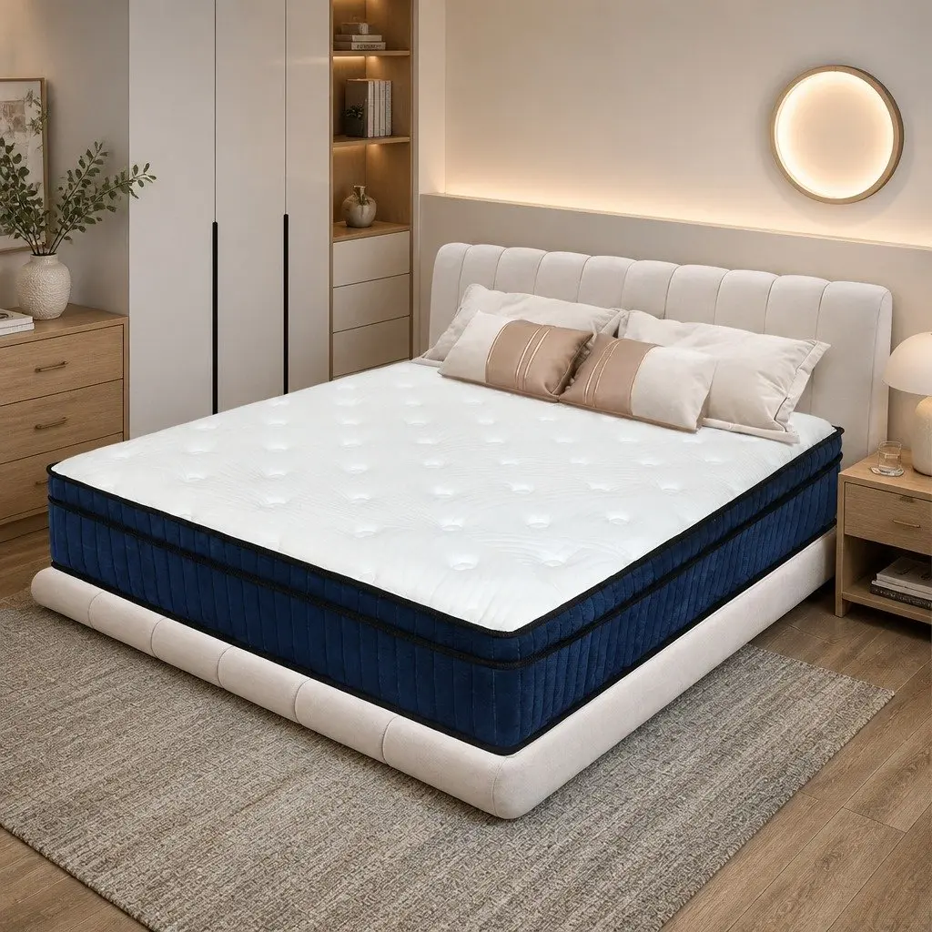Queen Size Mattress 7 Zone Pocket Spring Medium Firm Hybrid Foam Support 34cm White Blue