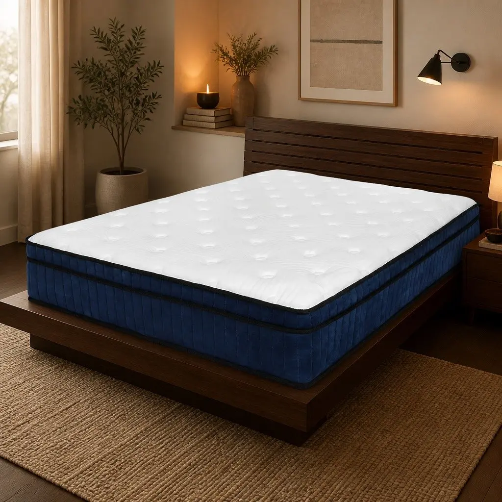 Queen Size Mattress 7 Zone Pocket Spring Medium Firm Hybrid Foam Support 34cm White Blue