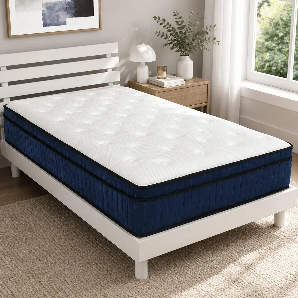 Pocket Spring Mattress Orthopedic Support Single Bed 34cm Medium Firm White and Blue