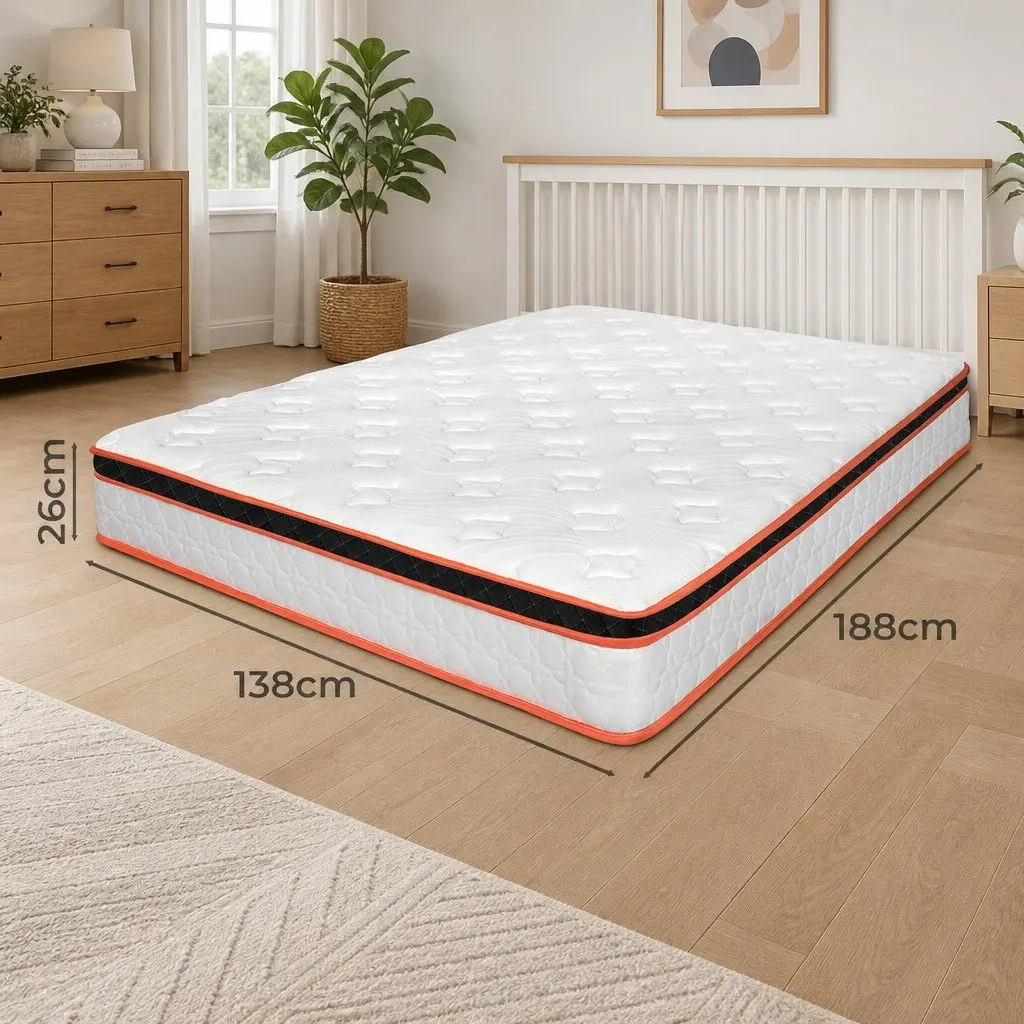7 Zone Pocket Spring Mattress Medium Firm Double Hybrid Foam Support Orthopedic White Orange Black