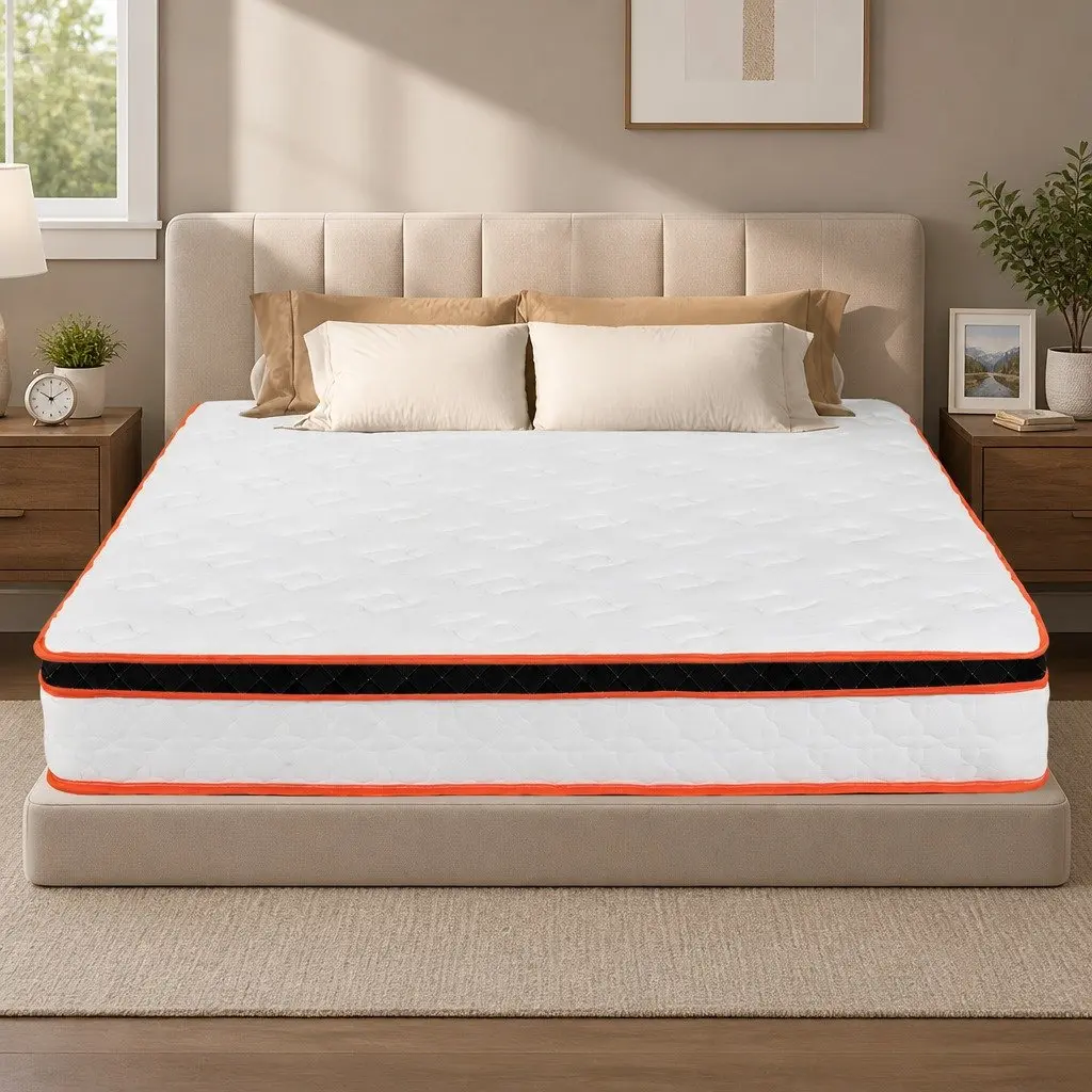 7 Zone Pocket Spring Mattress Medium Firm Double Hybrid Foam Support Orthopedic White Orange Black