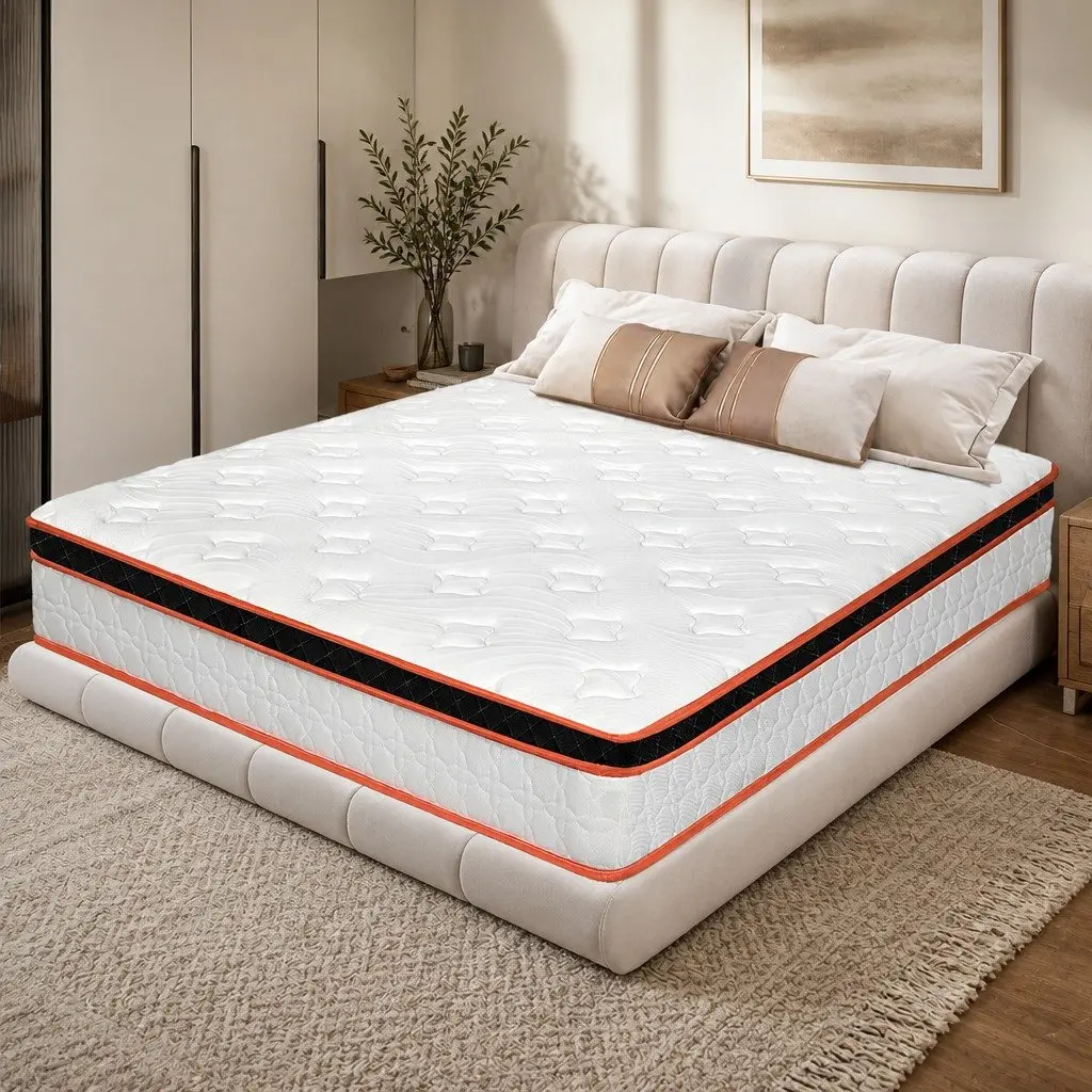 7 Zone Pocket Spring Mattress Medium Firm Double Hybrid Foam Support Orthopedic White Orange Black