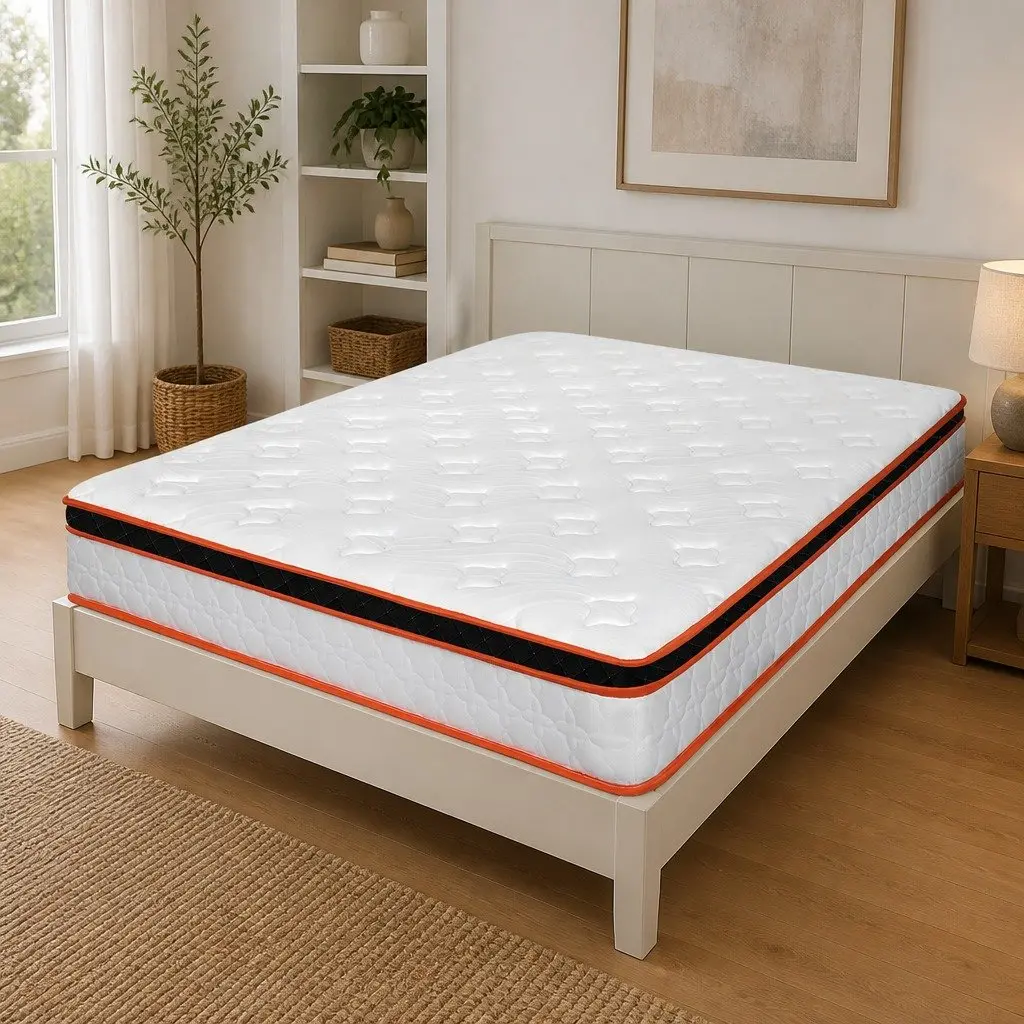 7 Zone Pocket Spring Mattress Medium Firm Double Hybrid Foam Support Orthopedic White Orange Black