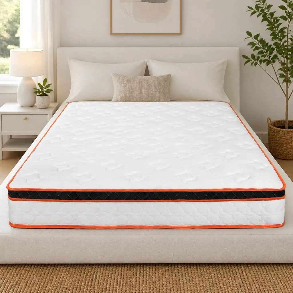 7 Zone Pocket Spring Mattress Medium Firm Queen Hybrid Foam Support Orthopedic White Orange Black