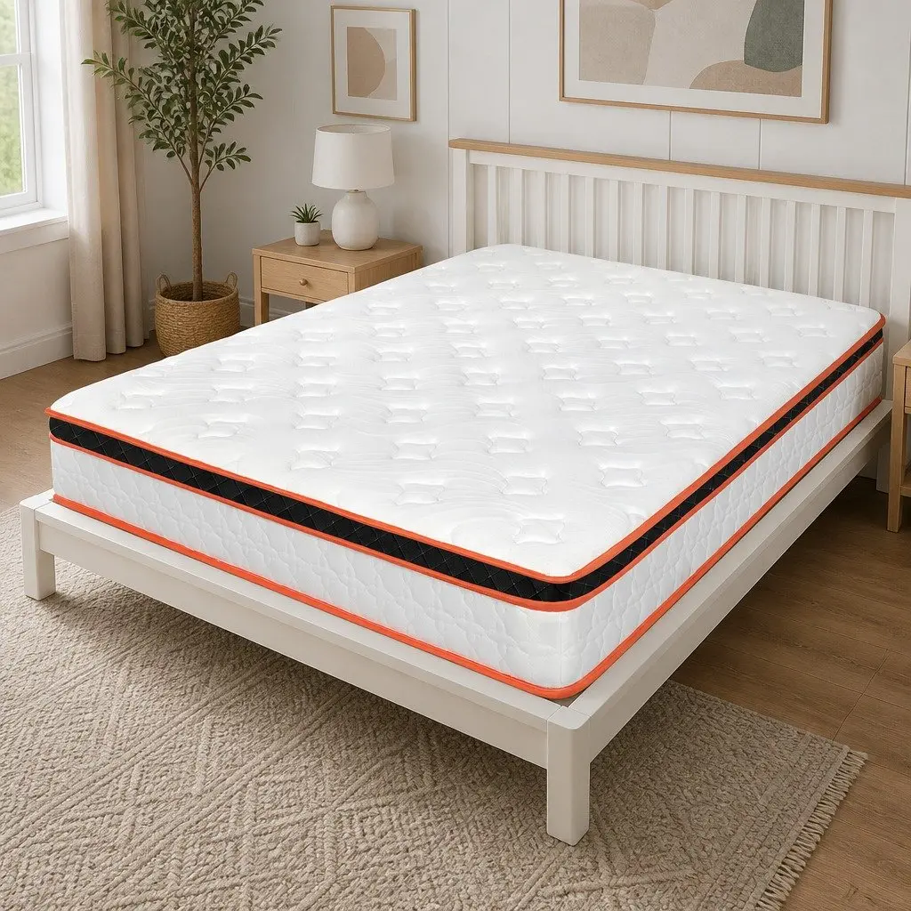 7 Zone Pocket Spring Mattress Medium Firm Queen Hybrid Foam Support Orthopedic White Orange Black