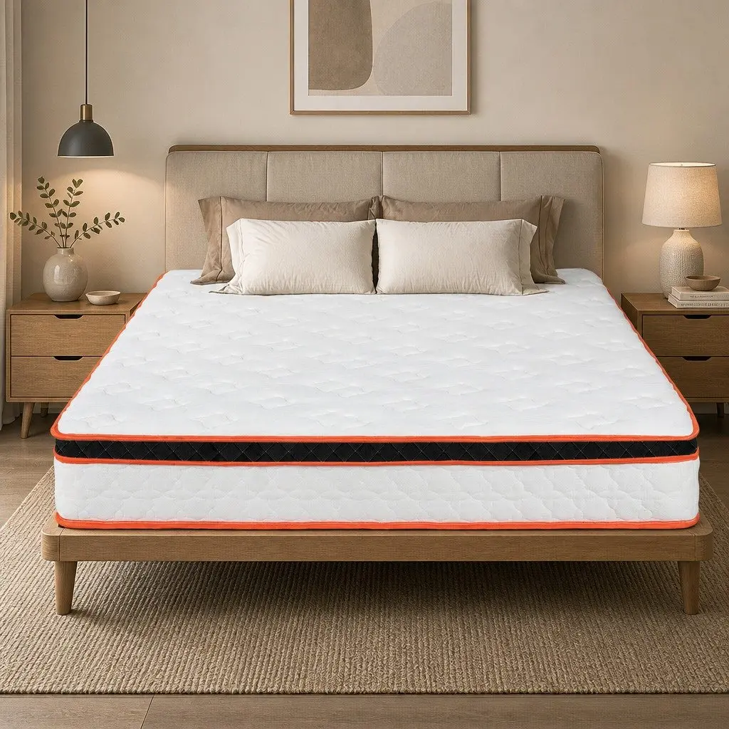 7 Zone Pocket Spring Mattress Medium Firm Queen Hybrid Foam Support Orthopedic White Orange Black