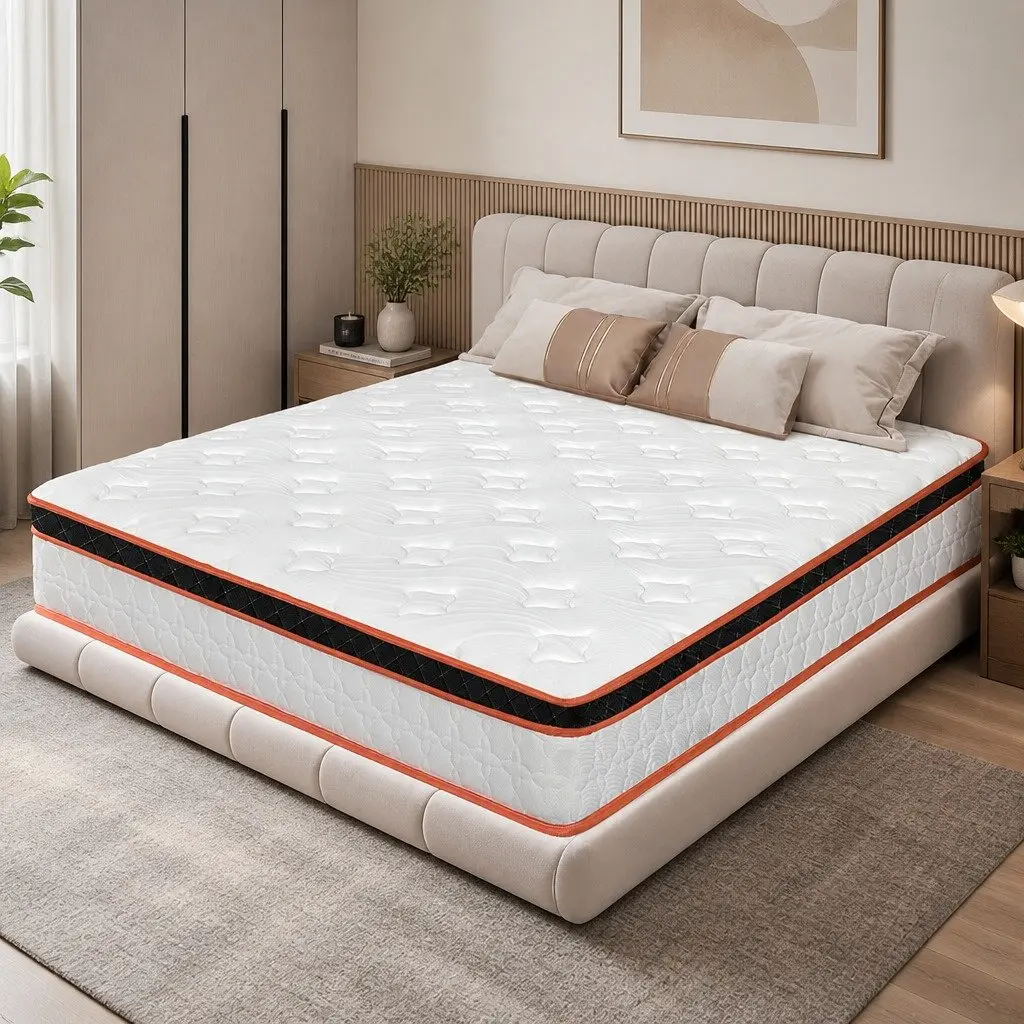 7 Zone Pocket Spring Mattress Medium Firm Queen Hybrid Foam Support Orthopedic White Orange Black