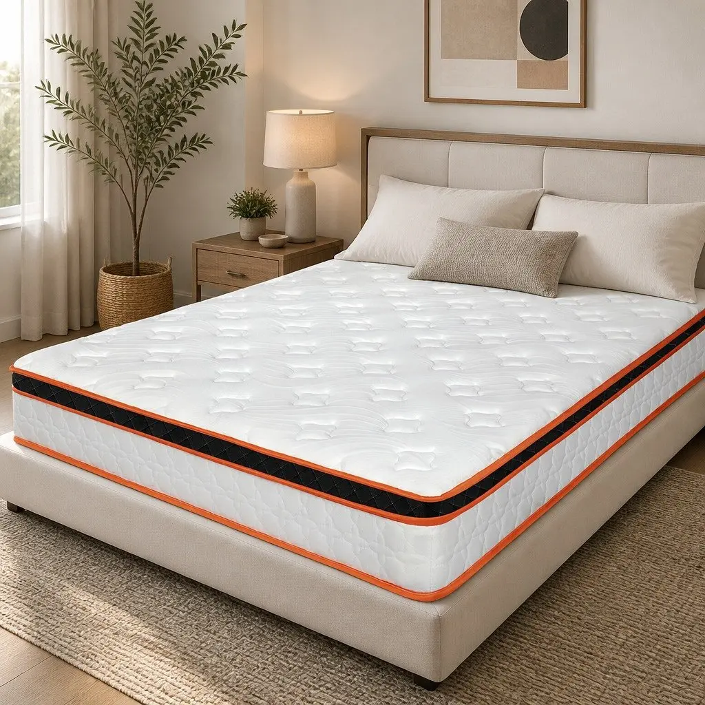 7 Zone Pocket Spring Mattress Medium Firm Queen Hybrid Foam Support Orthopedic White Orange Black