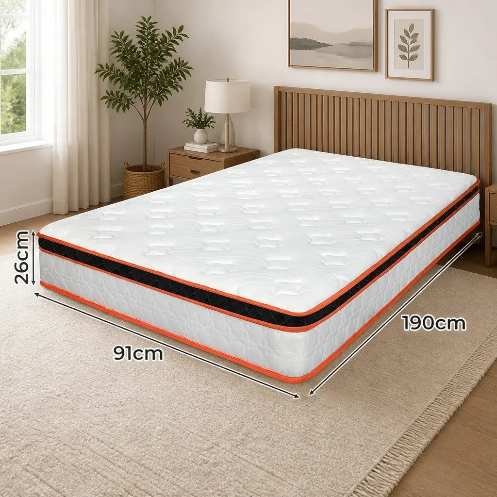 Pocket Spring Mattress Single Hybrid Foam Medium Firm 7 Zone Orthopedic White Orange Black