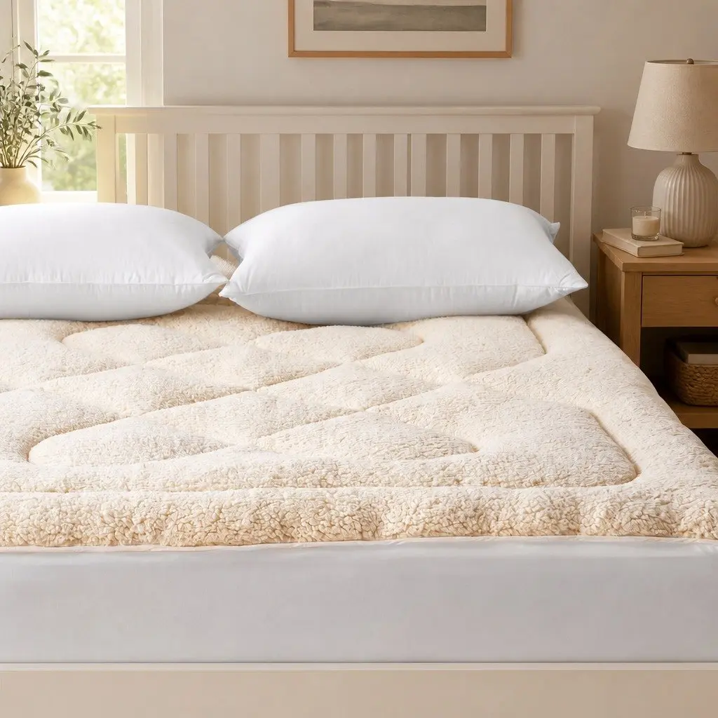 Wool Mattress Topper King Reversible Underlay Cotton Fleece Fully Fitted Elastic