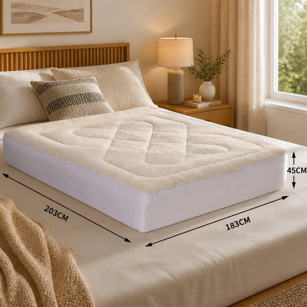 Wool Mattress Topper King Reversible Underlay Cotton Fleece Fully Fitted Elastic