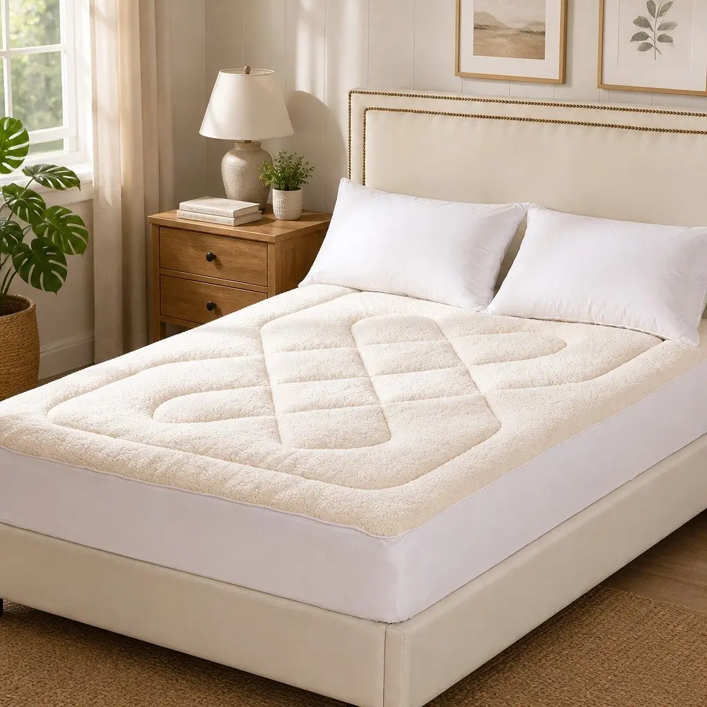 Wool Mattress Topper King Reversible Underlay Cotton Fleece Fully Fitted Elastic