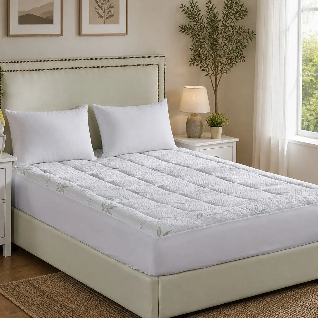 Bamboo Pillowtop Mattress Topper Double Fitted Cooling Bedding Protector White 190cm L x 137cm W