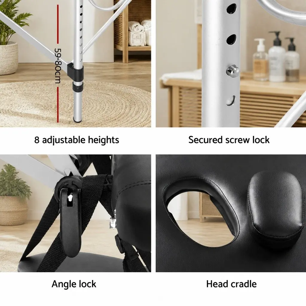 Portable Massage Table Therapy Bed 75cm Wide Adjustable Height Black