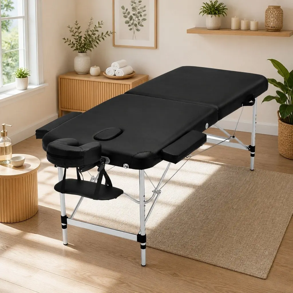 Portable Massage Table Therapy Bed 75cm Wide Adjustable Height Black