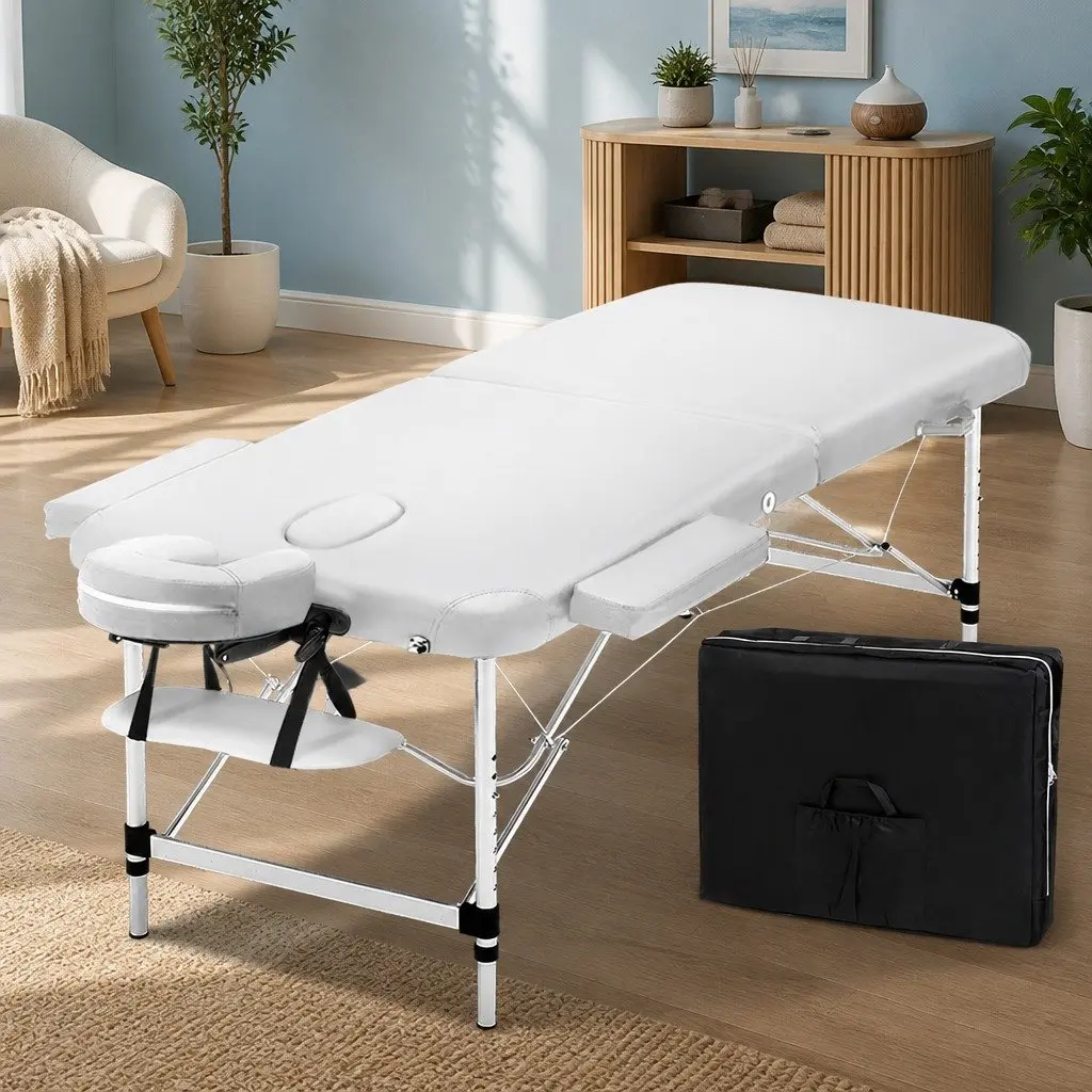Portable Massage Table Adjustable 75cm White Aluminium 2 Fold