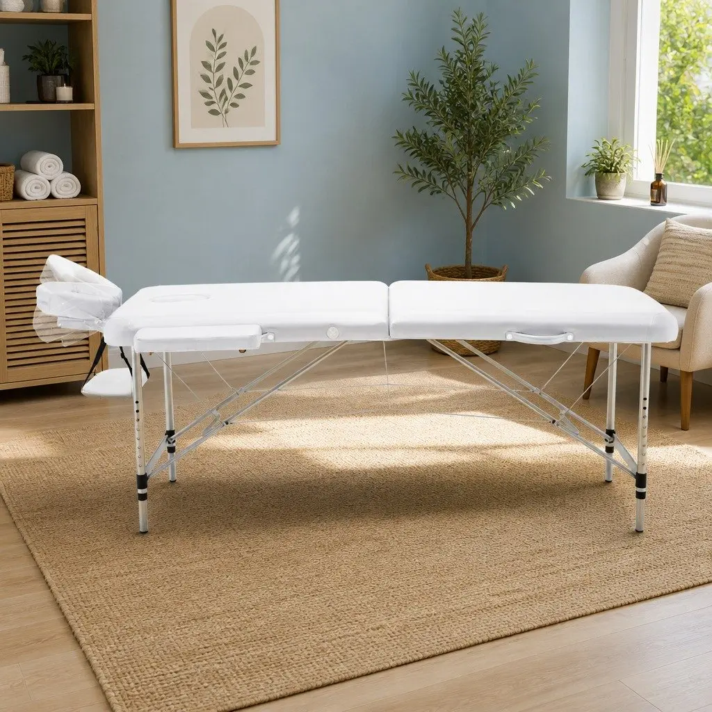 Portable Massage Table Adjustable 75cm White Aluminium 2 Fold