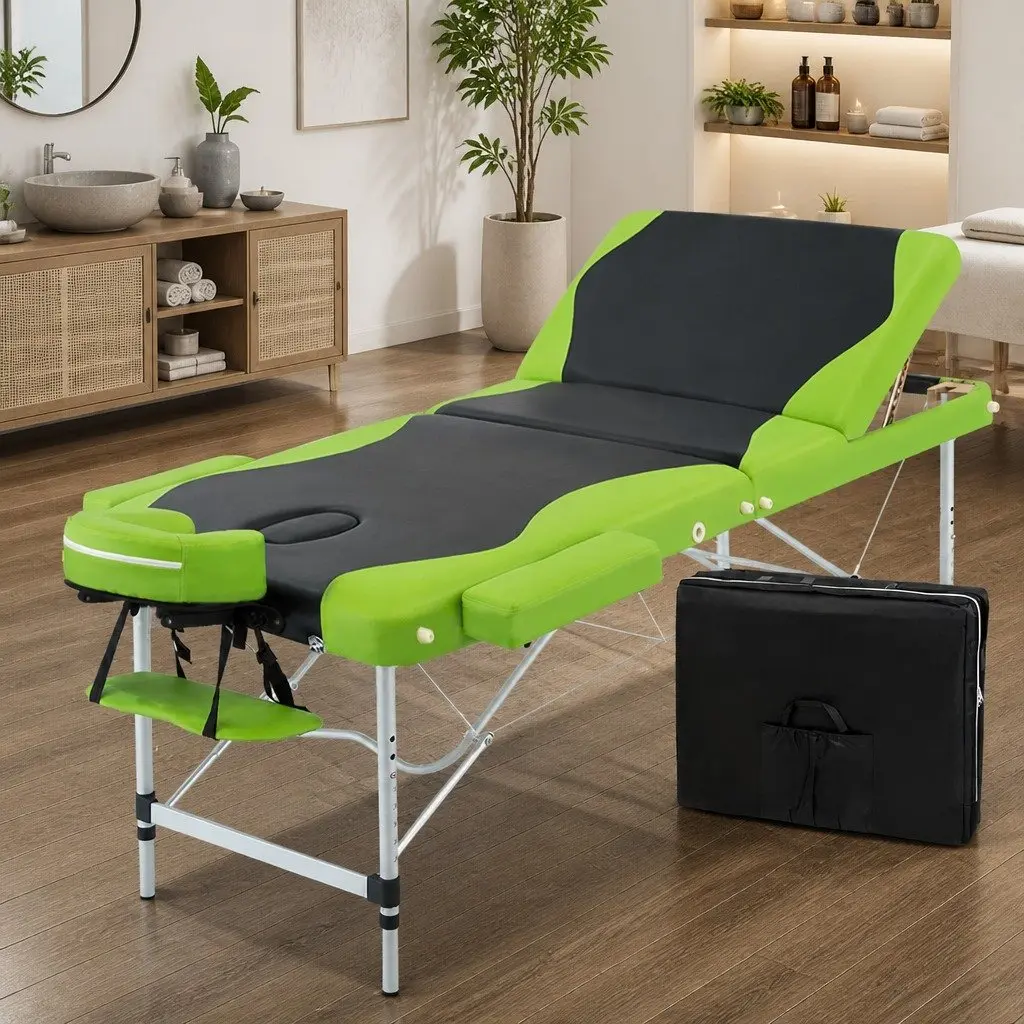 Massage Table Portable 75cm Aluminium Adjustable Height 3 Fold Black Green