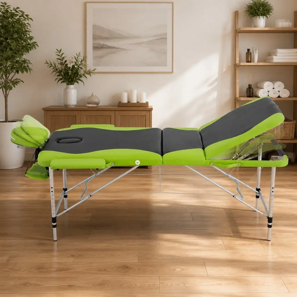 Massage Table Portable 75cm Aluminium Adjustable Height 3 Fold Black Green
