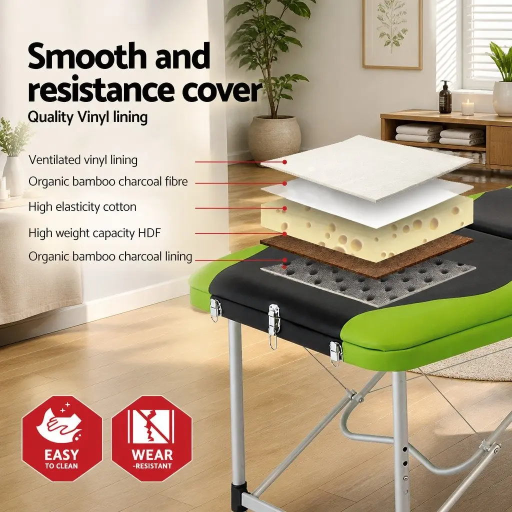 Massage Table Portable 75cm Aluminium Adjustable Height 3 Fold Black Green