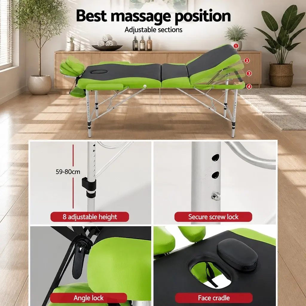 Massage Table Portable 75cm Aluminium Adjustable Height 3 Fold Black Green