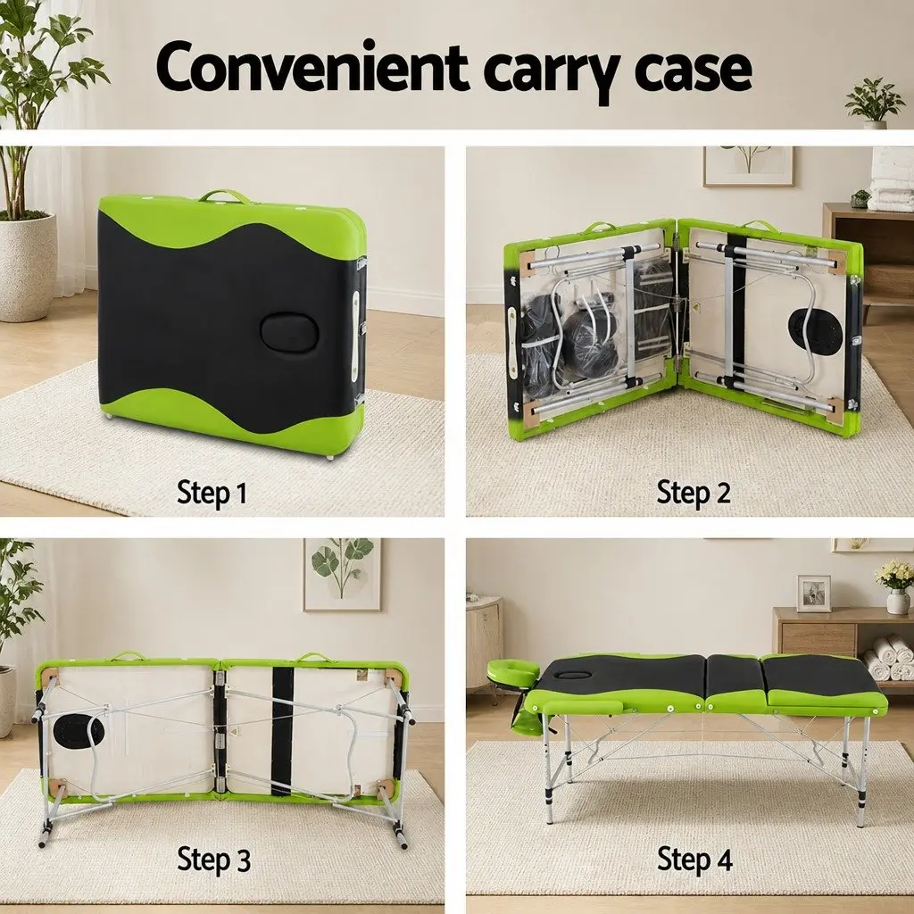 Massage Table Portable 75cm Aluminium Adjustable Height 3 Fold Black Green