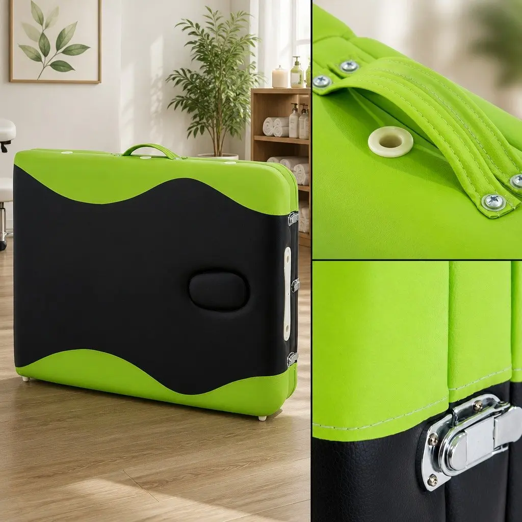 Massage Table Portable 75cm Aluminium Adjustable Height 3 Fold Black Green