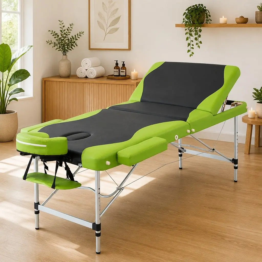 Massage Table Portable 75cm Aluminium Adjustable Height 3 Fold Black Green