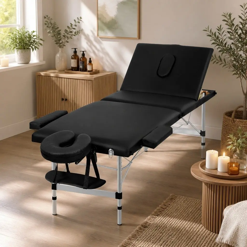 Massage Table Adjustable Height 65cm Portable Black 3 Fold