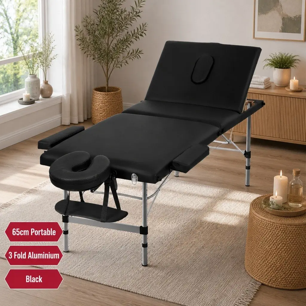 Massage Table Adjustable Height 65cm Portable Black 3 Fold