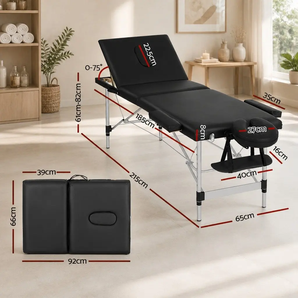 Massage Table Adjustable Height 65cm Portable Black 3 Fold