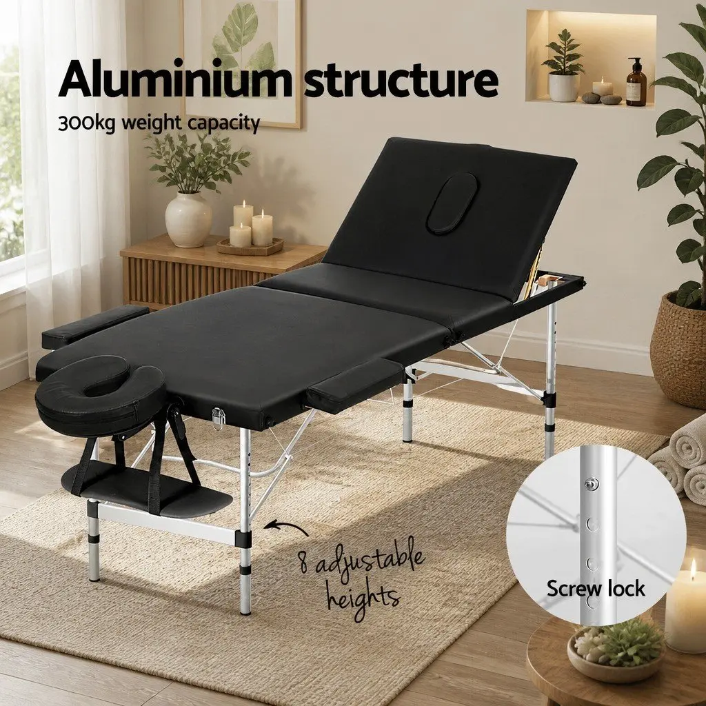 Massage Table Adjustable Height 65cm Portable Black 3 Fold