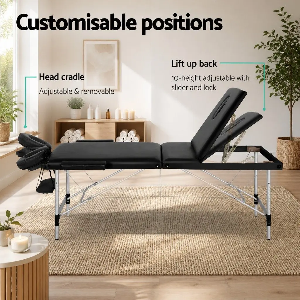 Massage Table Adjustable Height 65cm Portable Black 3 Fold