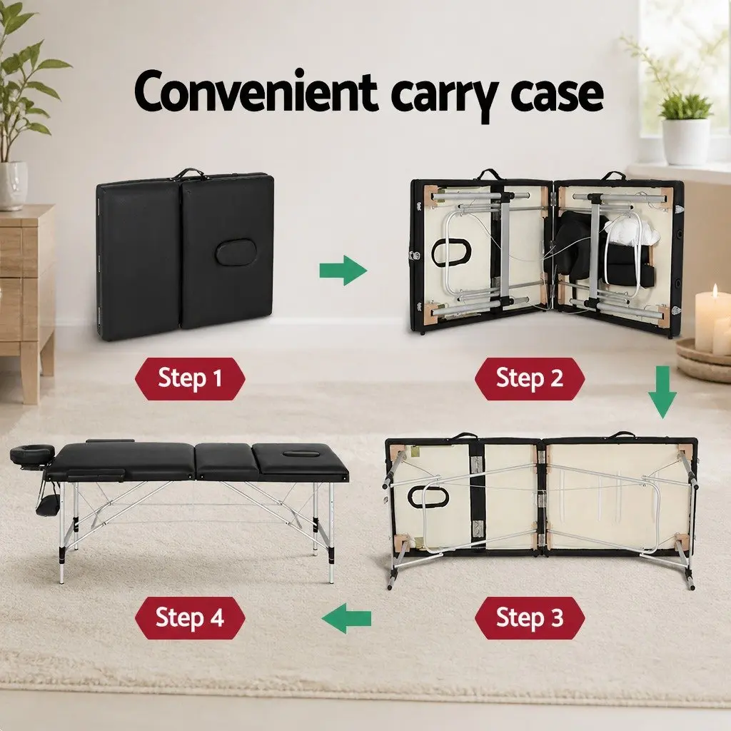 Massage Table Adjustable Height 65cm Portable Black 3 Fold