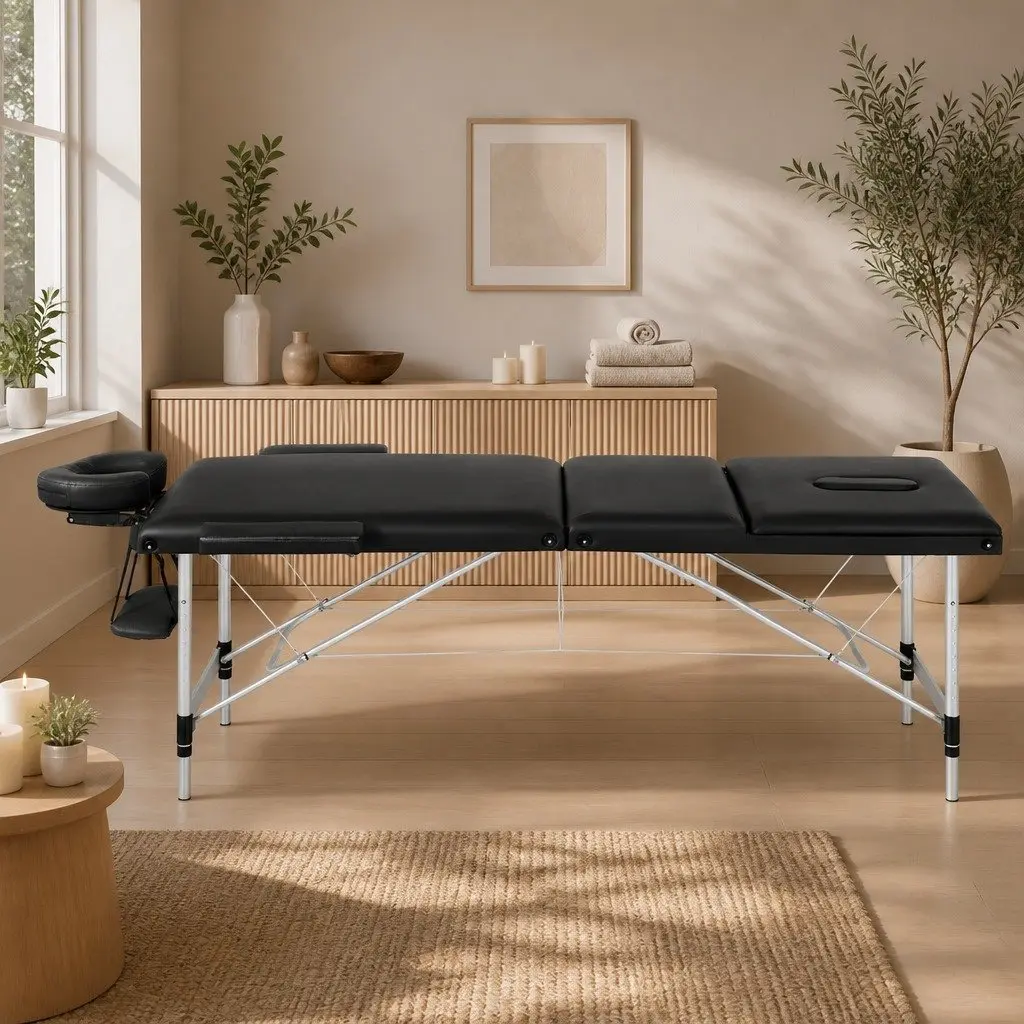 Massage Table Adjustable Height 65cm Portable Black 3 Fold