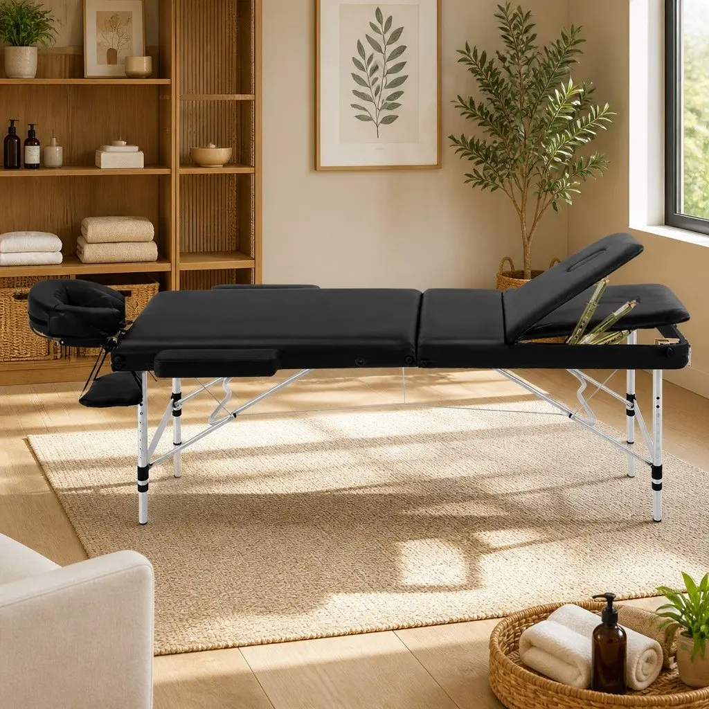 Massage Table Portable 70cm Wide 3 Fold Aluminium Beauty Therapy Bed Black