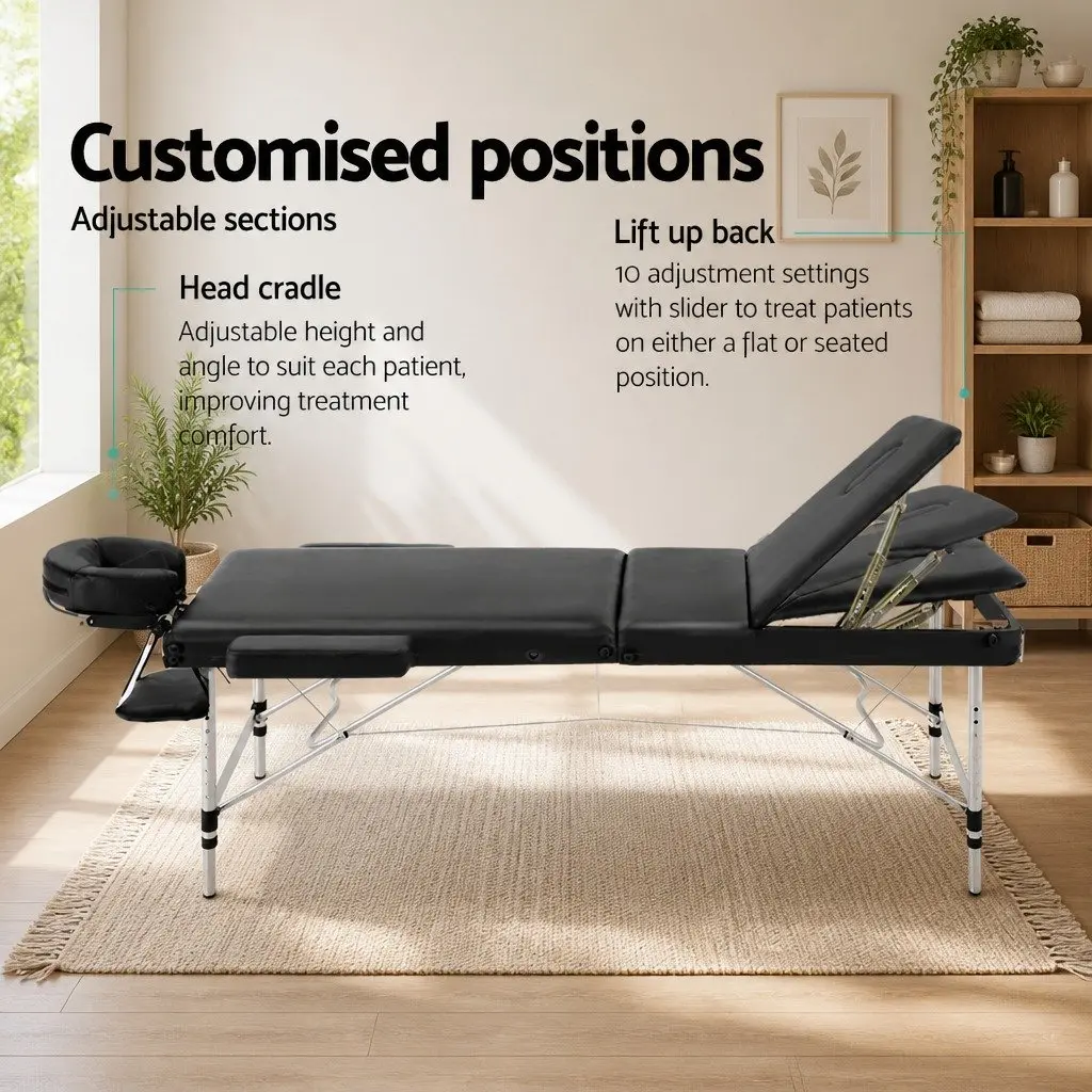 Massage Table Portable 70cm Wide 3 Fold Aluminium Beauty Therapy Bed Black
