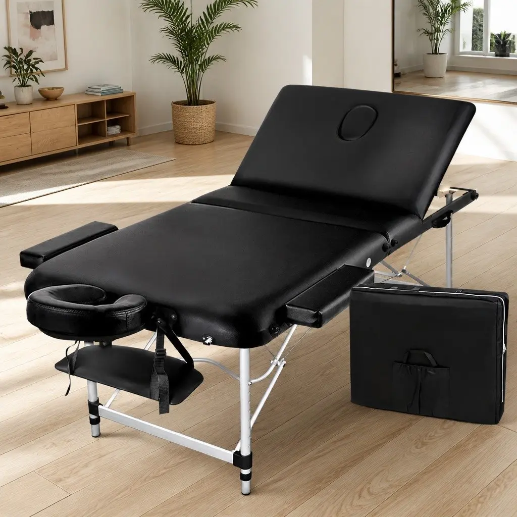 Massage Table Portable 80cm 3 Fold Aluminium Beauty Therapy Bed Black