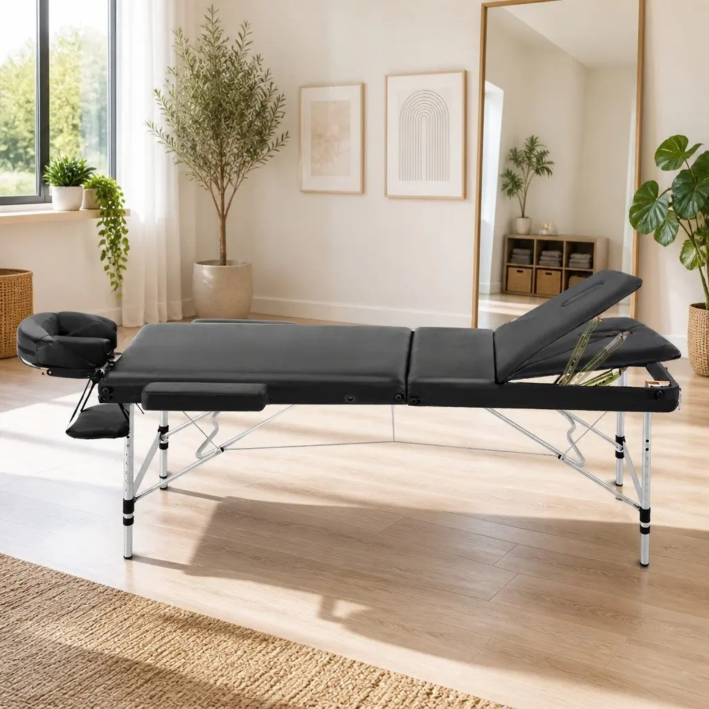Massage Table Portable 80cm 3 Fold Aluminium Beauty Therapy Bed Black
