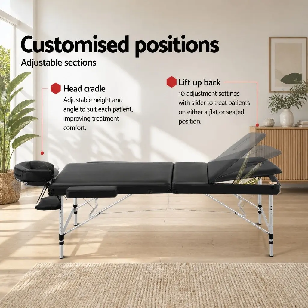 Massage Table Portable 80cm 3 Fold Aluminium Beauty Therapy Bed Black