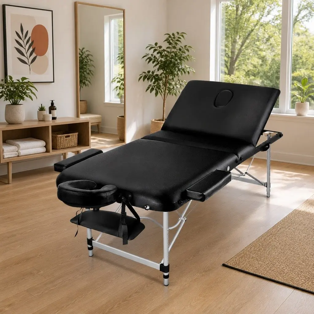Massage Table Portable 80cm 3 Fold Aluminium Beauty Therapy Bed Black