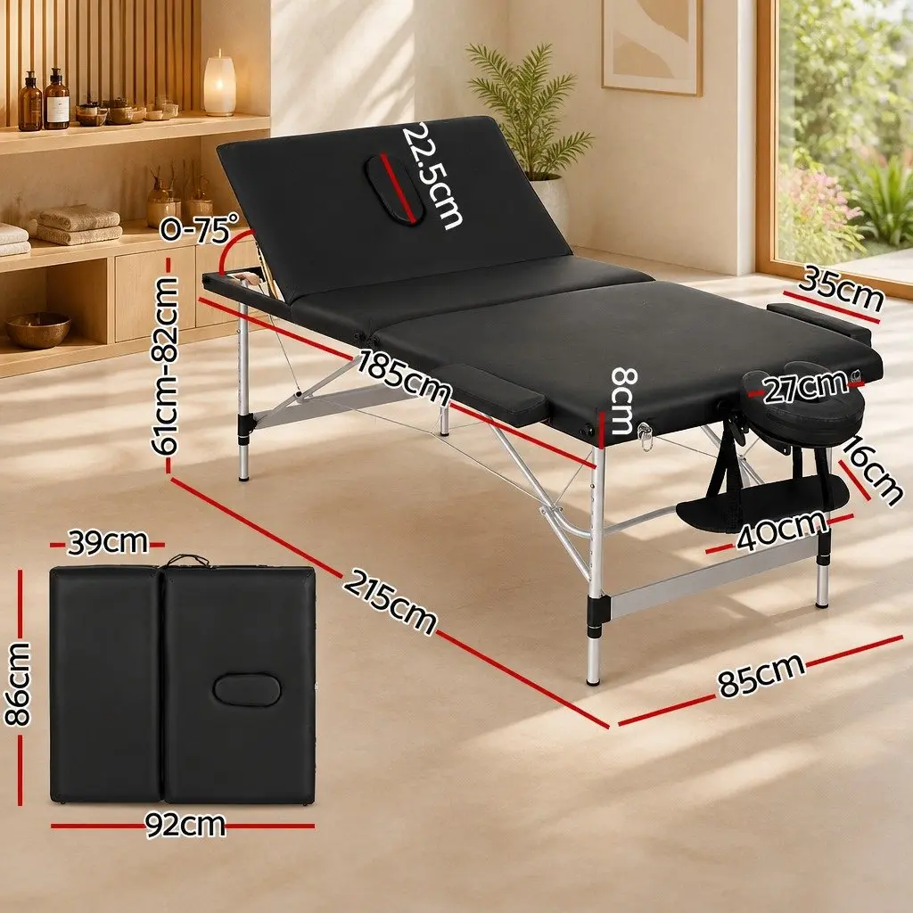 Massage Table Portable 85cm Aluminium Beauty Bed Black