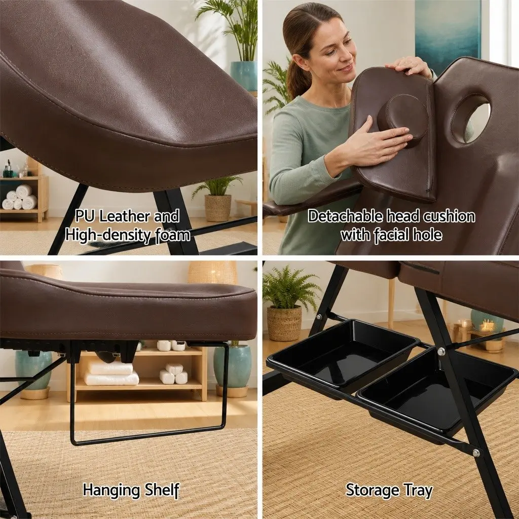 Massage Table Adjustable Portable Therapy Couch 3-Fold Brown
