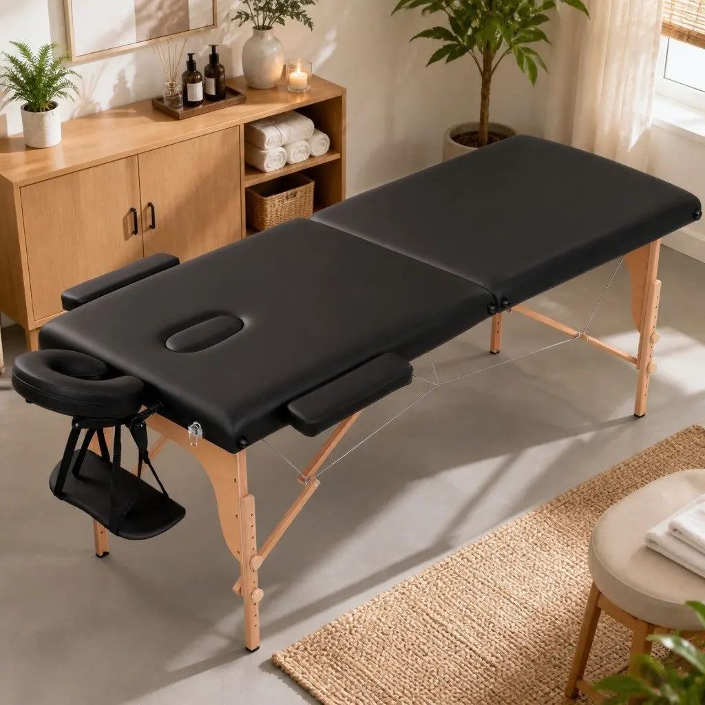 Portable Massage Table 70cm Therapeutic Treatment 2 Fold Wooden Black