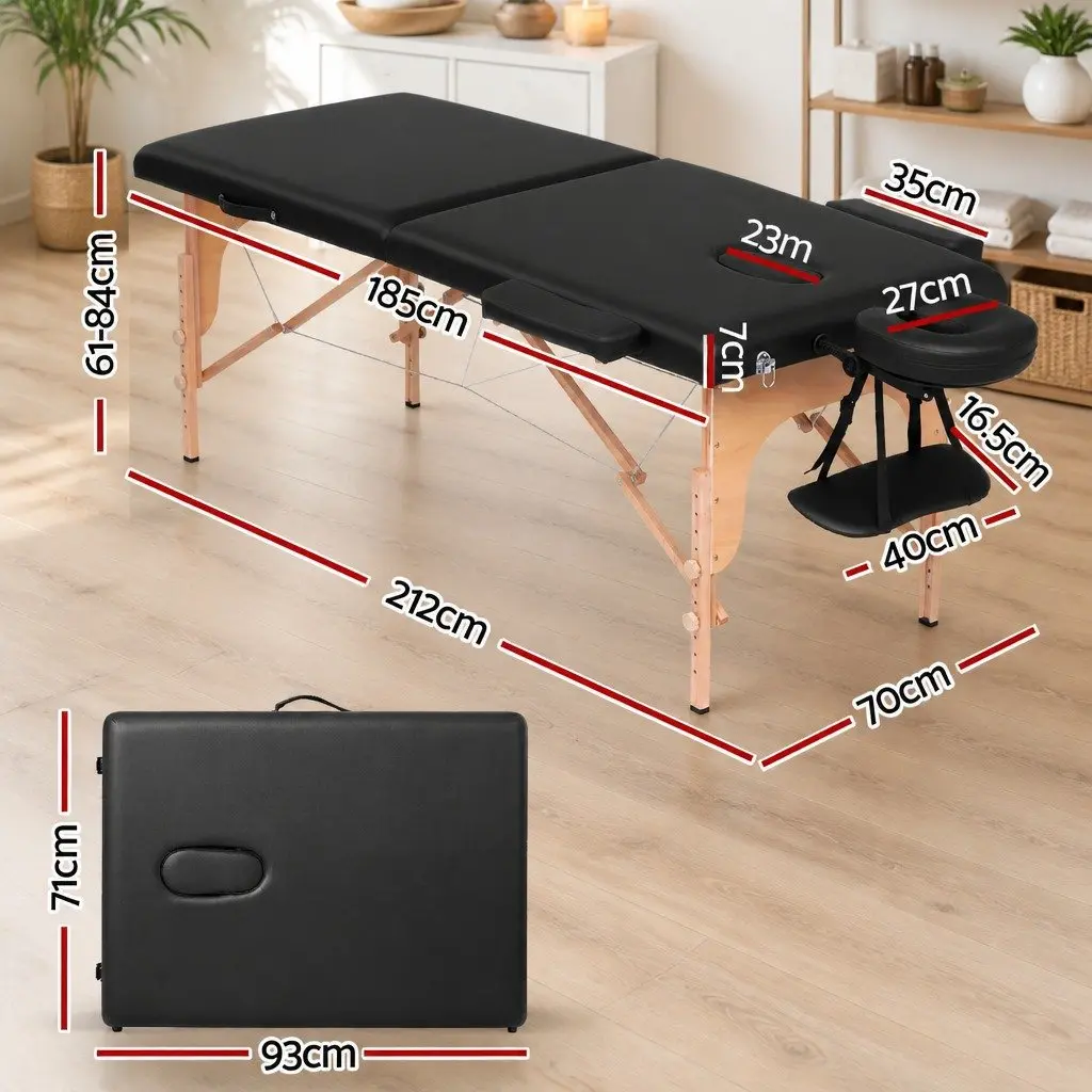 Portable Massage Table 70cm Therapeutic Treatment 2 Fold Wooden Black