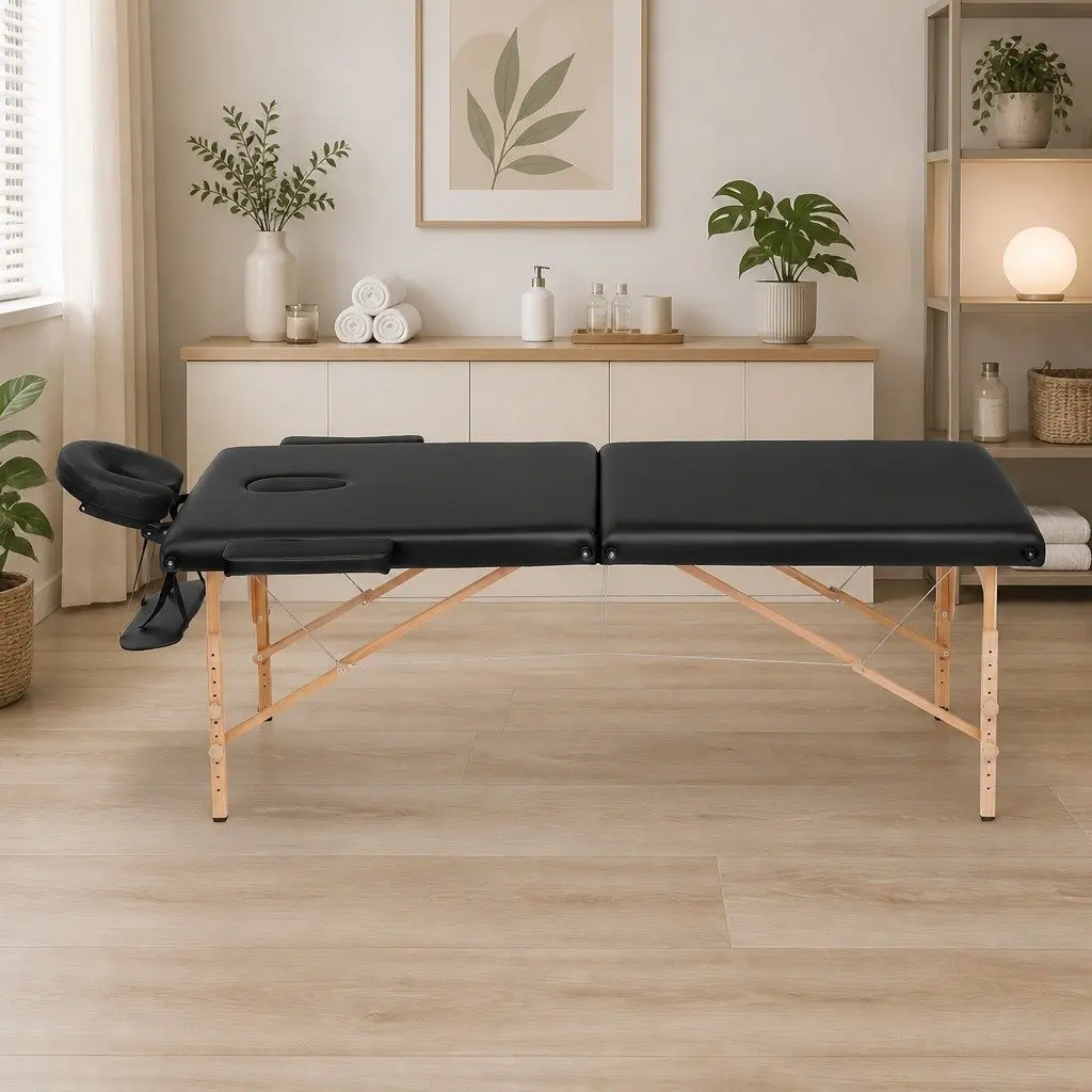 Portable Massage Table 70cm Therapeutic Treatment 2 Fold Wooden Black