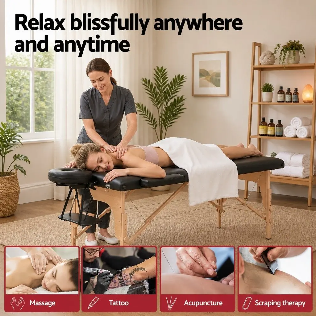 Portable Massage Table 70cm Therapeutic Treatment 2 Fold Wooden Black